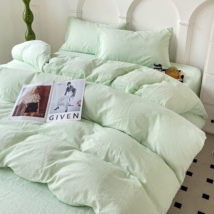 91家纺网 家纺一手货源 找家纺 呗旺鹿 2024新款A类40支全棉色织水洗棉四件套全棉四件套纯棉四件套无印风 魅力条纹绿