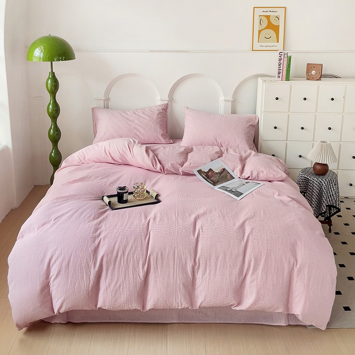 91家纺网 家纺一手货源 找家纺 呗旺鹿 2024新款A类40支全棉色织水洗棉四件套全棉四件套纯棉四件套无印风 魅力条纹豆沙