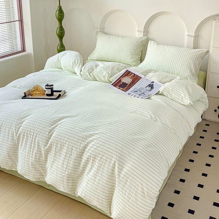 91家纺网 家纺一手货源 找家纺 呗旺鹿 2024新款A类40支全棉色织水洗棉四件套全棉四件套纯棉四件套无印风 西雅图绿