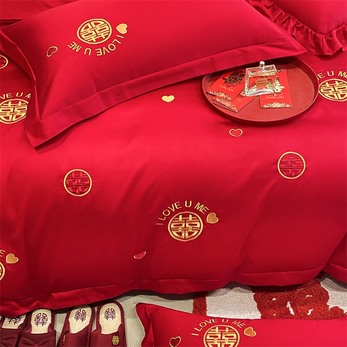 91家纺网 家纺一手货源 找家纺 东方合美（原：皇家传奇） 2024新款轻奢纯棉贡缎织造印花婚庆四件套 喜乐