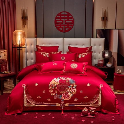 91家纺网 家纺一手货源 找家纺 （总）东方合美（原：皇家传奇） 2024新款长绒棉新中式精美刺绣婚庆四件套直播