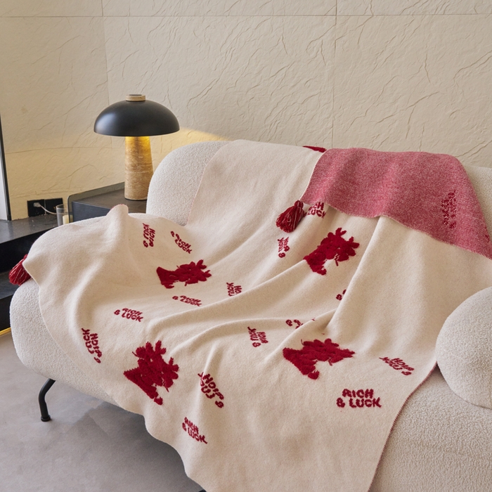 91家纺网 家纺一手货源 找家纺 苏艺针织盖毯 2024龙年限定高克重一体针织毛巾绣亲肤毛毯盖毯 祥龙献瑞（白)