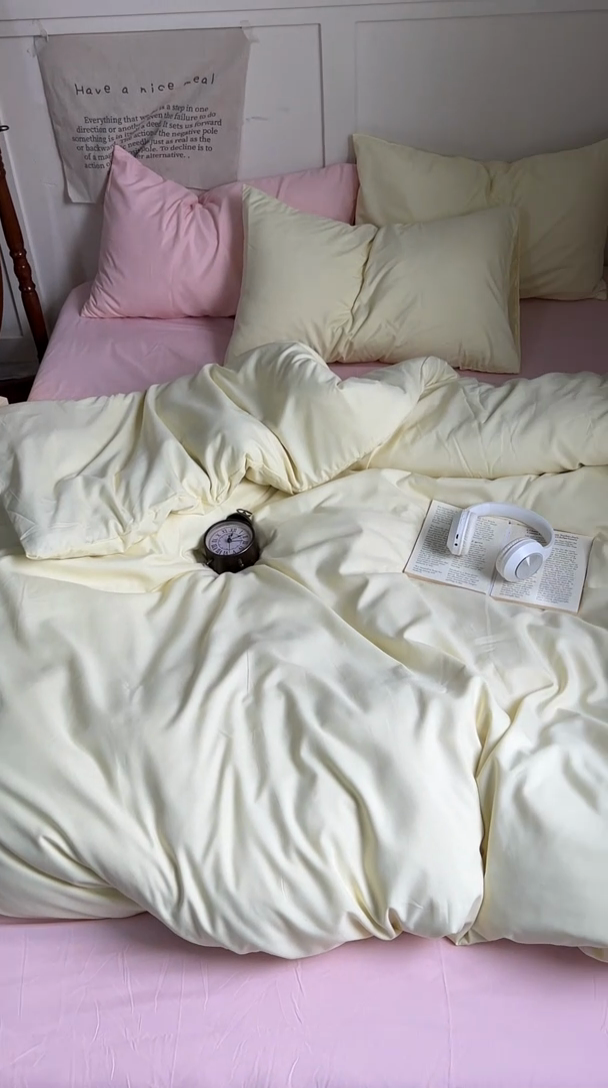 91家纺网 家纺一手货源 找家纺 优迈 2024新款ins风小红书同款纯色双拼水洗棉四件套亲肤加厚磨毛四件套混搭系列-单被套单床单单枕套单床笠 芝士桃桃