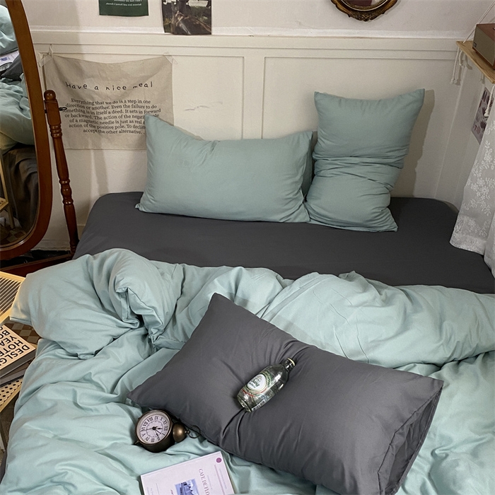 91家纺网 家纺一手货源 找家纺 优迈 2024新款ins风小红书同款纯色双拼水洗棉四件套亲肤加厚磨毛四件套混搭系列-单被套单床单单枕套单床笠 独白绿灰