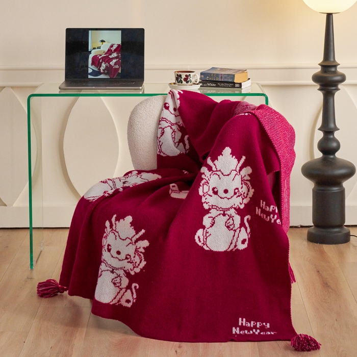 91家纺网 家纺一手货源 找家纺 苏艺针织盖毯 2024新款龙年限定针织亲肤毯龙年大吉盖毯 龙年大吉（红）