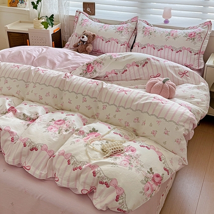 乐童 2024新款直播爆款13070纯棉印花吊边款一字绣四件套第八波甜蜜蜜