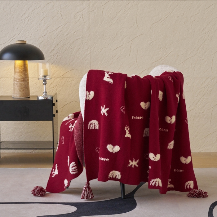 91家纺网 家纺一手货源 找家纺 苏艺针织盖毯 2024龙年限定高克重一体针织毛巾绣亲肤毛毯盖毯 一鹿有你（红）