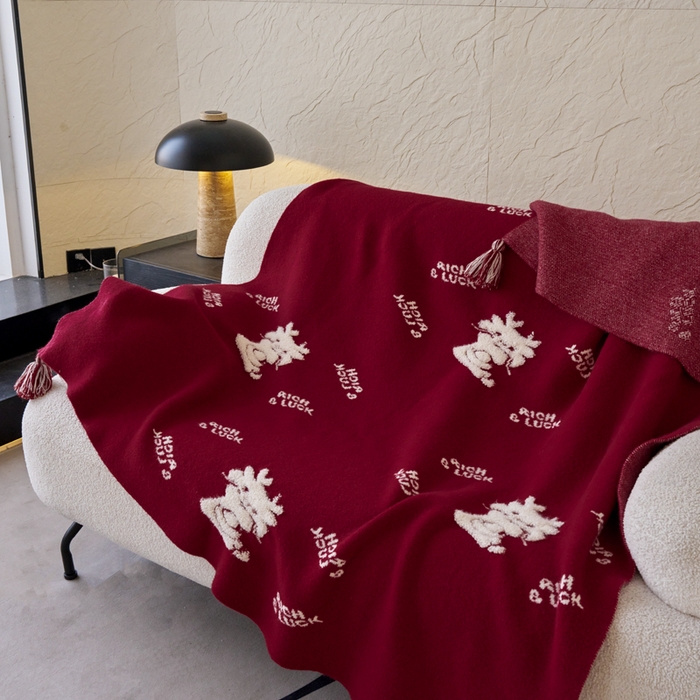 91家纺网 家纺一手货源 找家纺 苏艺针织盖毯 2024龙年限定高克重一体针织毛巾绣亲肤毛毯盖毯 祥龙献瑞  (红）