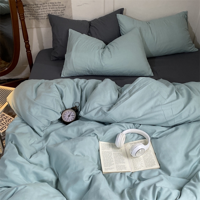 91家纺网 家纺一手货源 找家纺 优迈 2024新款ins风小红书同款纯色双拼水洗棉四件套亲肤加厚磨毛四件套混搭系列-单被套单床单单枕套单床笠 独白绿灰