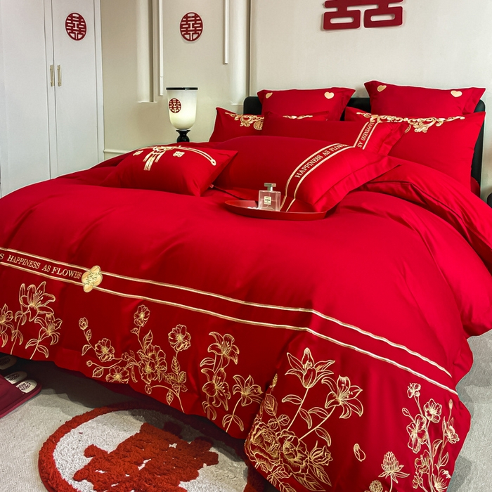 91家纺网 家纺一手货源 找家纺 东方合美（原：皇家传奇） 2024新款轻奢纯棉贡缎织造印花婚庆四件套 爱情花语