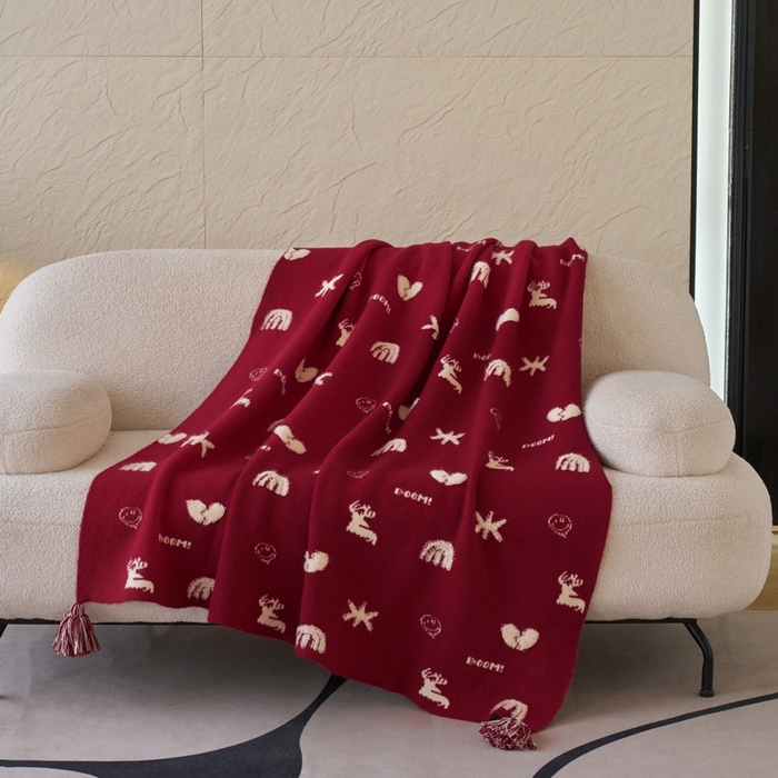 91家纺网 家纺一手货源 找家纺 苏艺针织盖毯 2024龙年限定高克重一体针织毛巾绣亲肤毛毯盖毯 一鹿有你（红）