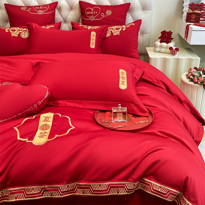 91家纺网 家纺一手货源 找家纺 东方合美（原：皇家传奇） 2024新款轻奢纯棉贡缎织造印花婚庆四件套 喜事