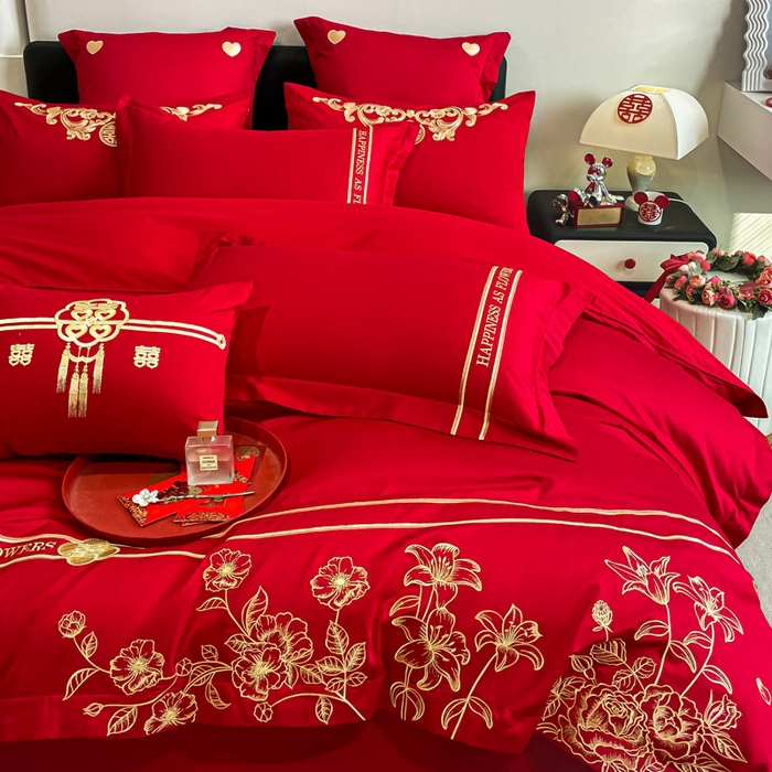 91家纺网 家纺一手货源 找家纺 东方合美（原：皇家传奇） 2024新款轻奢纯棉贡缎织造印花婚庆四件套 爱情花语