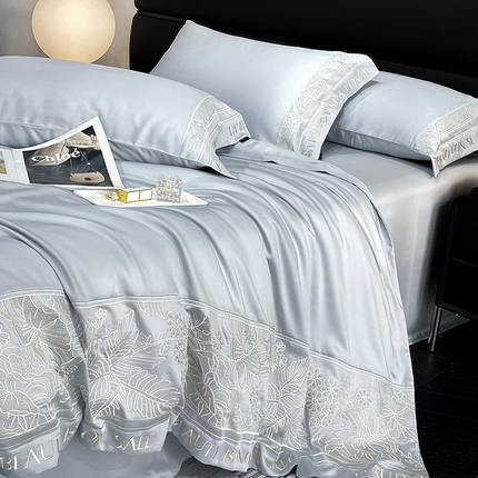 91家纺网 家纺一手货源 找家纺  2024春夏爆款Ａ类母婴级凉感真丝夏季裸睡天丝床单床笠轻奢刺绣冰丝四件套 慕云灰