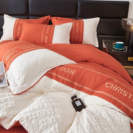 91家纺网 家纺一手货源 找家纺 富宁家纺 2025新款直播爆款水洗棉磨毛浮雕刺绣四件套-慕兰迪风格二 爱玛橙