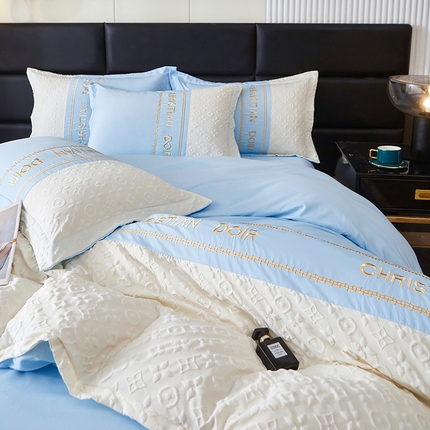 91家纺网 家纺一手货源 找家纺 富宁家纺 2025新款直播爆款水洗棉磨毛浮雕刺绣四件套-慕兰迪风格二 天空蓝
