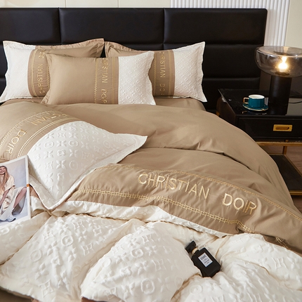 91家纺网 家纺一手货源 找家纺 富宁家纺 2025新款直播爆款水洗棉磨毛浮雕刺绣四件套-慕兰迪风格二 奶茶咖