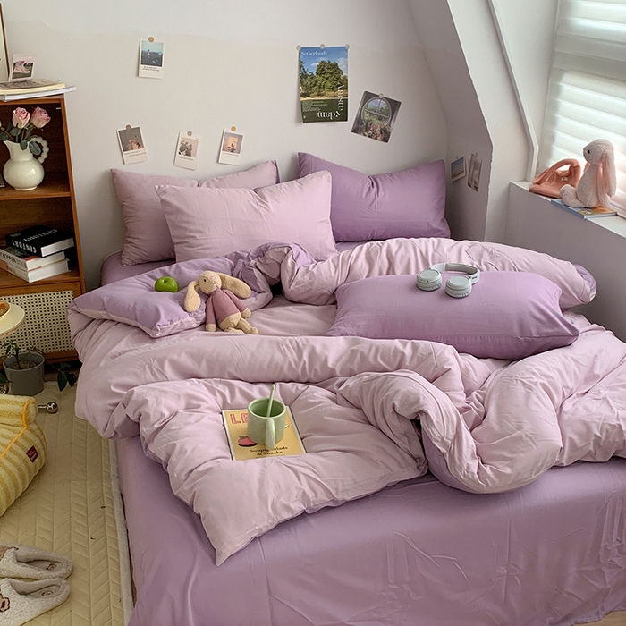 91家纺网 家纺一手货源 找家纺 优迈 2024新款ins风小红书同款纯色双拼水洗棉四件套亲肤加厚磨毛四件套混搭系列-单被套单床单单枕套单床笠 棚拍图 紫薯芋泥