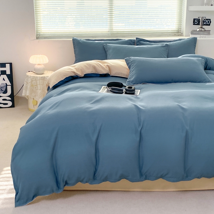 91家纺网 家纺一手货源 找家纺 米瑞娜 2024新款纯色双拼亲肤磨毛水洗棉四件套 海蓝奶茶