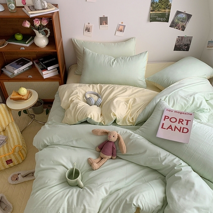 91家纺网 家纺一手货源 找家纺 （总）优迈 2024新款ins风小红书同款纯色双拼水洗棉四件套亲肤加厚磨毛四件套混搭系列-单被套单床单单枕套单床笠 棚拍图