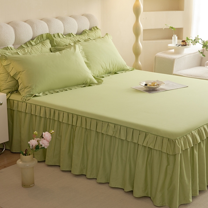 91家纺网 家纺一手货源 找家纺 2025新款A类全棉抗菌13372床裙系列全棉床裙 豆绿