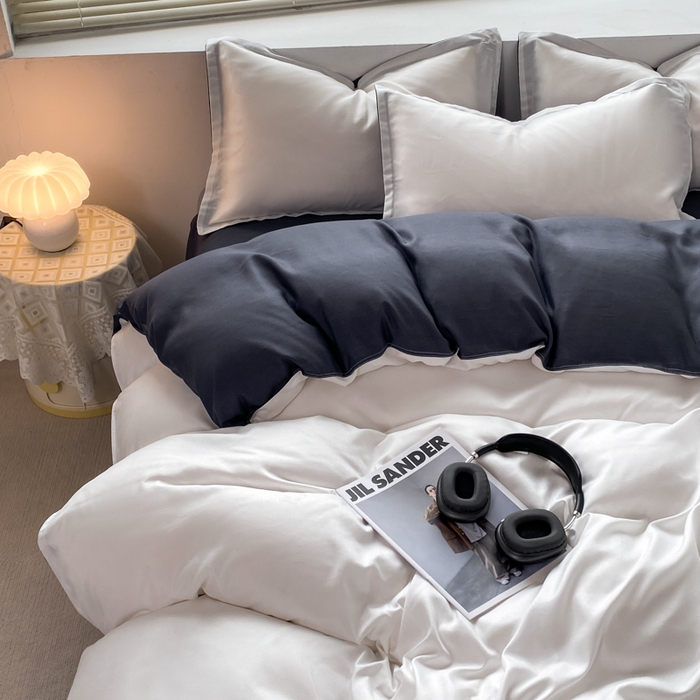 91家纺网 家纺一手货源 找家纺 米瑞娜 2024新款纯色双拼亲肤磨毛水洗棉四件套 白蓝黑