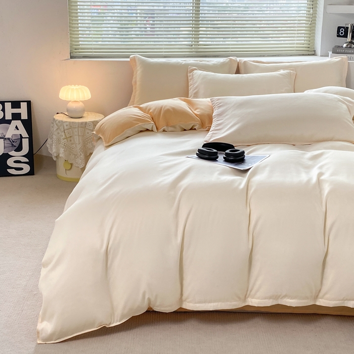 91家纺网 家纺一手货源 找家纺 米瑞娜 2024新款纯色双拼亲肤磨毛水洗棉四件套 奶茶芝士