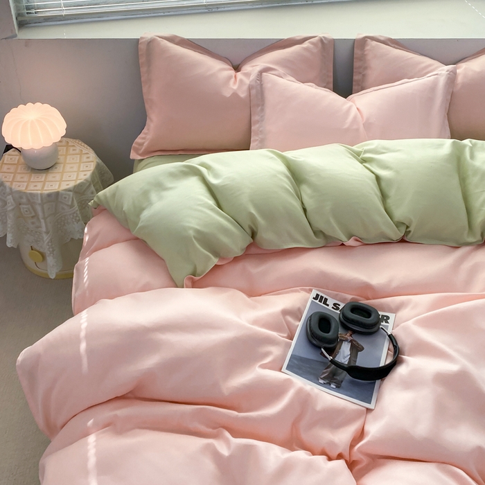 91家纺网 家纺一手货源 找家纺 米瑞娜 2024新款纯色双拼亲肤磨毛水洗棉四件套 奶粉浅玉