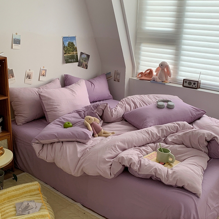 91家纺网 家纺一手货源 找家纺 优迈 2024新款ins风小红书同款纯色双拼水洗棉四件套亲肤加厚磨毛四件套混搭系列-单被套单床单单枕套单床笠 棚拍图 紫薯芋泥