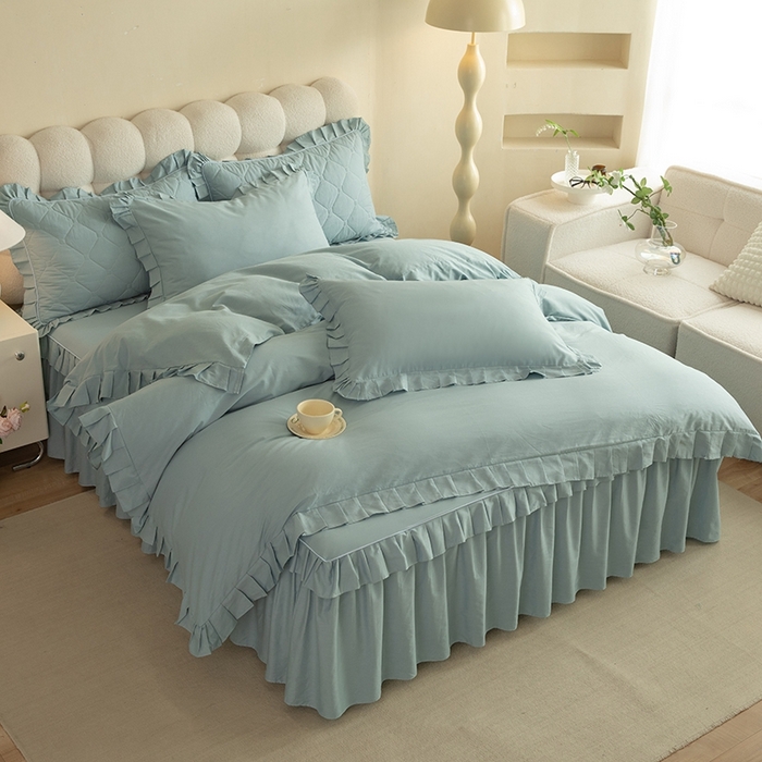 91家纺网 家纺一手货源 找家纺 2025新款A类全棉抗菌13372床裙系列全棉床裙四件套 浅兰