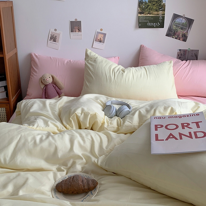 91家纺网 家纺一手货源 找家纺 优迈 2024新款ins风小红书同款纯色双拼水洗棉四件套亲肤加厚磨毛四件套混搭系列-单被套单床单单枕套单床笠 棚拍图 芝士粉桃