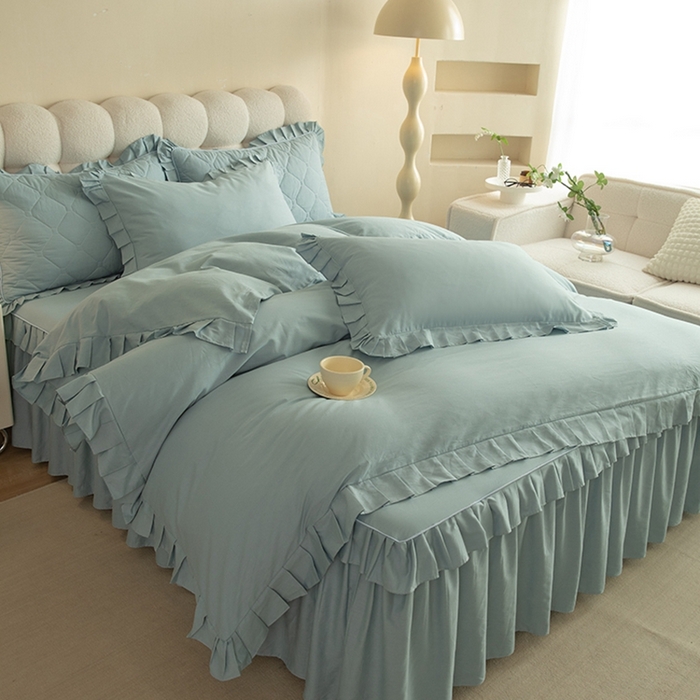 91家纺网 家纺一手货源 找家纺 2025新款A类全棉抗菌13372床裙系列全棉床裙四件套 浅兰