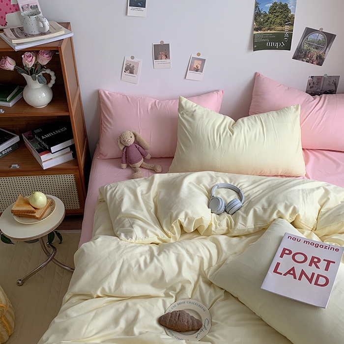 91家纺网 家纺一手货源 找家纺 优迈 2024新款ins风小红书同款纯色双拼水洗棉四件套亲肤加厚磨毛四件套混搭系列-单被套单床单单枕套单床笠 棚拍图 芝士粉桃