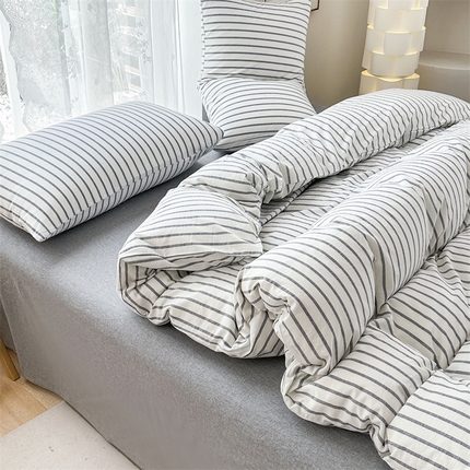 青螺家纺 2024全棉水洗棉双面色织条纹简约三件套四件套枕套床单 (支持一件定制) 简条纹浅灰