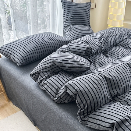 91家纺网 家纺一手货源 找家纺 青螺家纺 2024全棉水洗棉双面色织条纹简约三件套四件套枕套床单 (支持一件定制) 简条纹绅灰