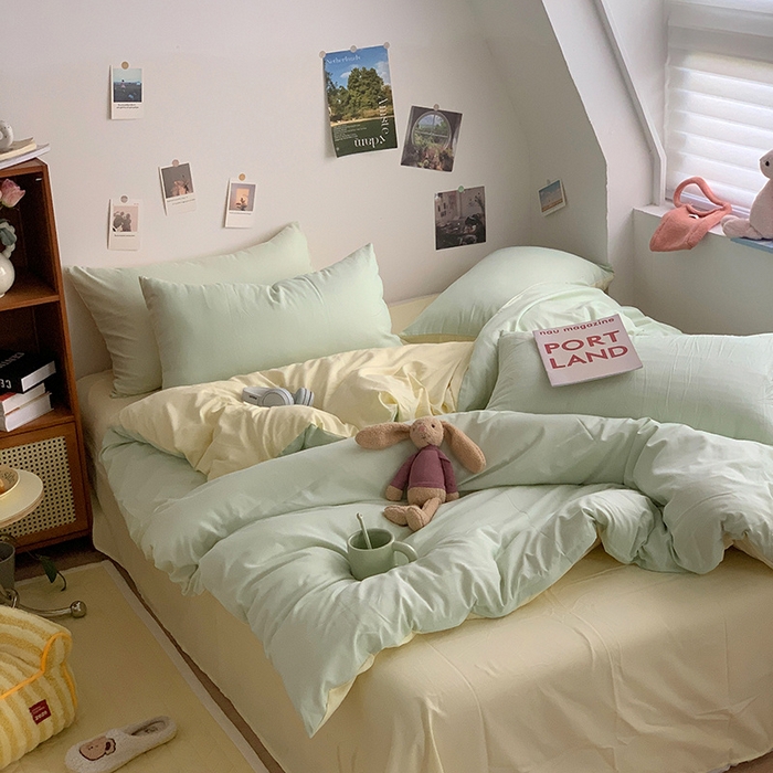 91家纺网 家纺一手货源 找家纺 优迈 2024新款ins风小红书同款纯色双拼水洗棉四件套亲肤加厚磨毛四件套混搭系列-单被套单床单单枕套单床笠 棚拍图 薄荷芝士