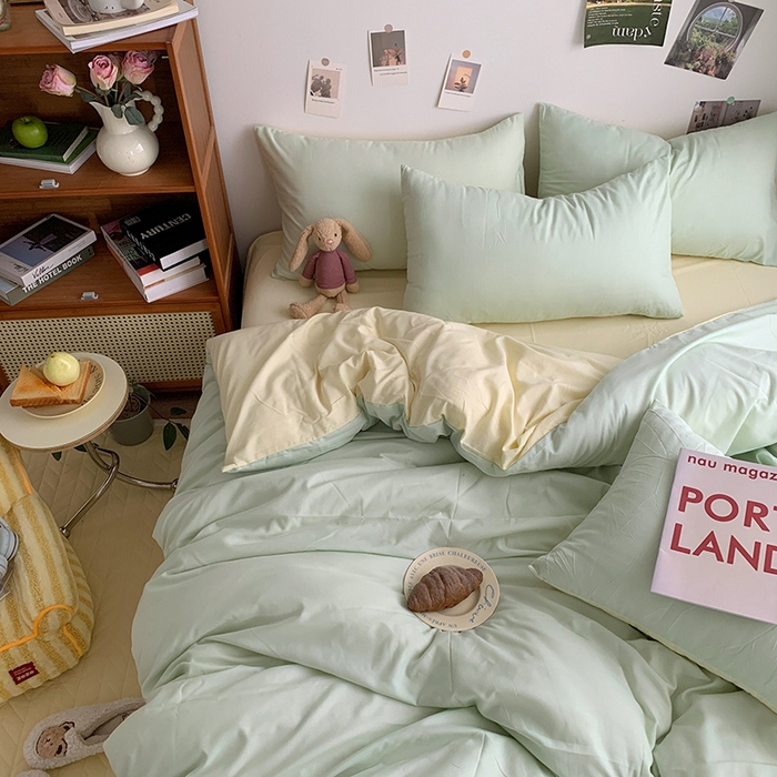 91家纺网 家纺一手货源 找家纺 优迈 2024新款ins风小红书同款纯色双拼水洗棉四件套亲肤加厚磨毛四件套混搭系列-单被套单床单单枕套单床笠 棚拍图 薄荷芝士