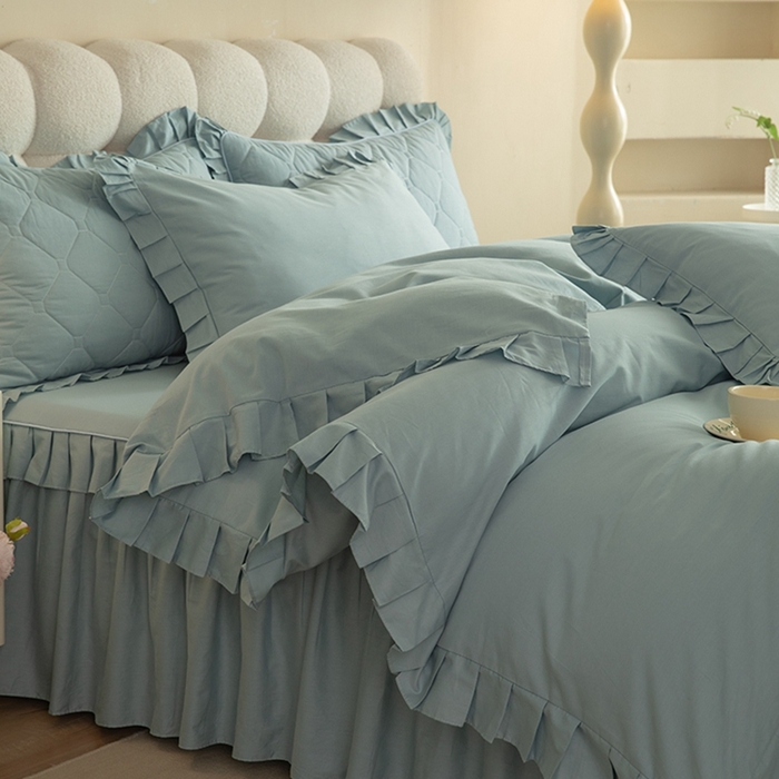 91家纺网 家纺一手货源 找家纺 2025新款A类全棉抗菌13372床裙系列全棉床裙四件套 浅兰