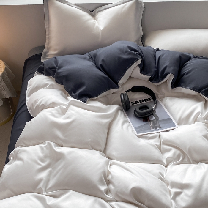 91家纺网 家纺一手货源 找家纺 米瑞娜 2024新款纯色双拼亲肤磨毛水洗棉四件套 白蓝黑