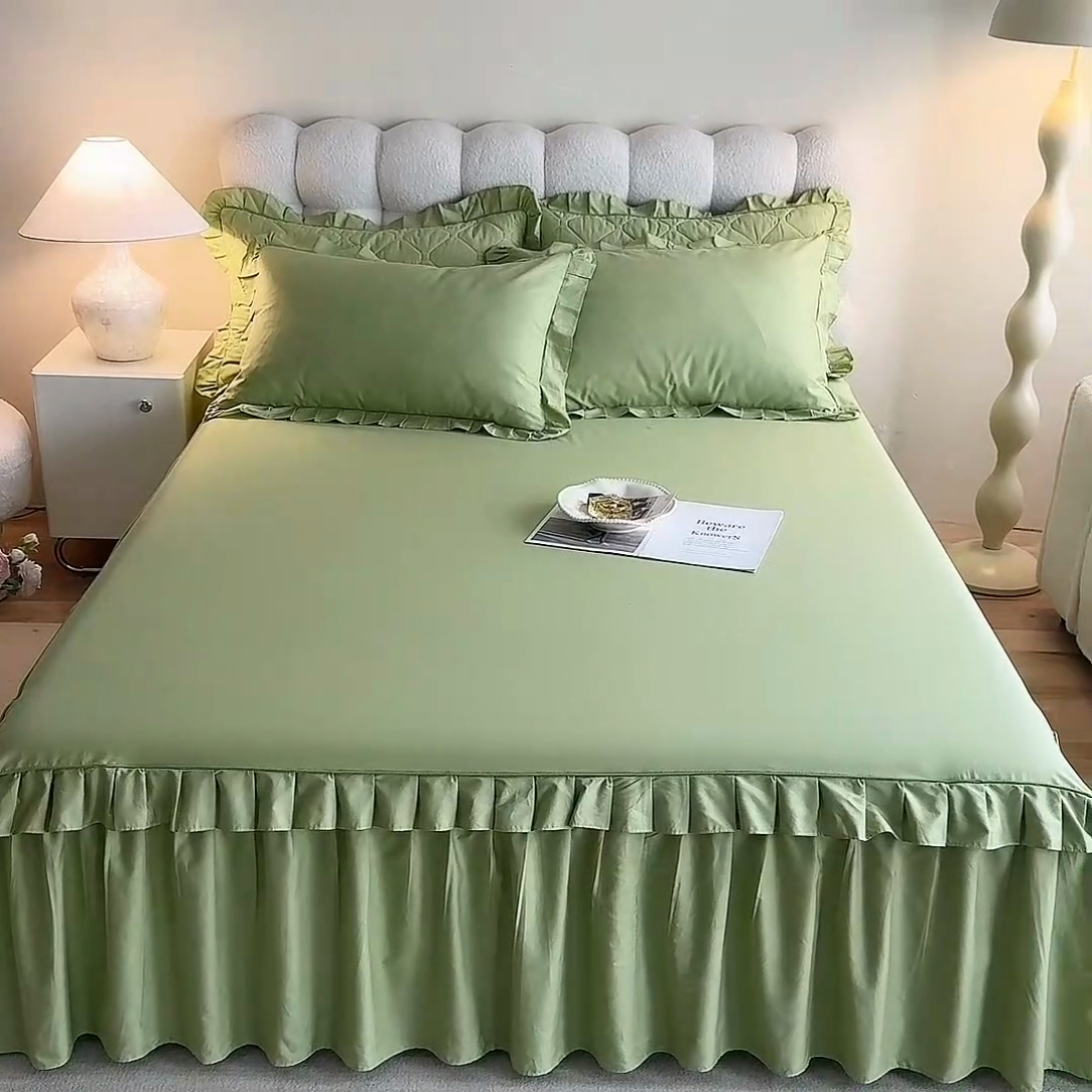 91家纺网 家纺一手货源 找家纺 2025新款A类全棉抗菌13372床裙系列全棉床裙 豆绿