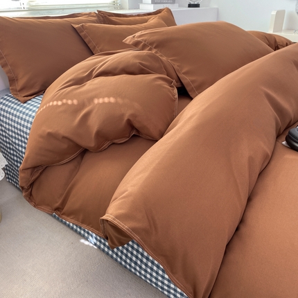 91家纺网 家纺一手货源 找家纺 米瑞娜 2024新款纯色双拼亲肤磨毛水洗棉四件套 素色焦糖