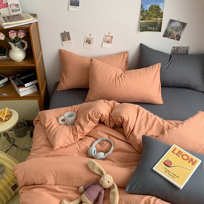 91家纺网 家纺一手货源 找家纺 优迈 2024新款ins风小红书同款纯色双拼水洗棉四件套亲肤加厚磨毛四件套混搭系列-单被套单床单单枕套单床笠 棚拍图 落日橘灰