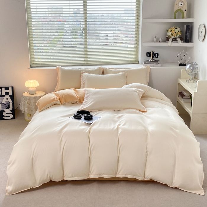 91家纺网 家纺一手货源 找家纺 米瑞娜 2024新款纯色双拼亲肤磨毛水洗棉四件套 奶茶芝士