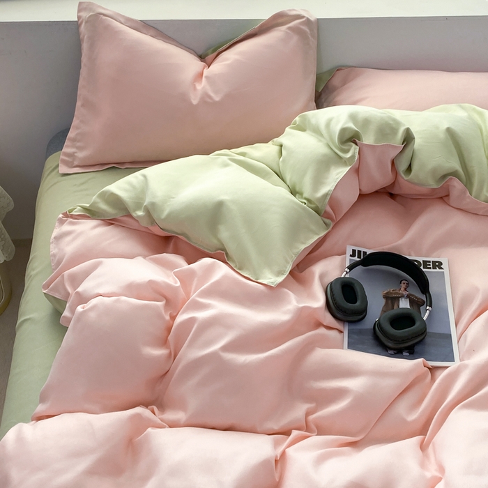 91家纺网 家纺一手货源 找家纺 米瑞娜 2024新款纯色双拼亲肤磨毛水洗棉四件套 奶粉浅玉