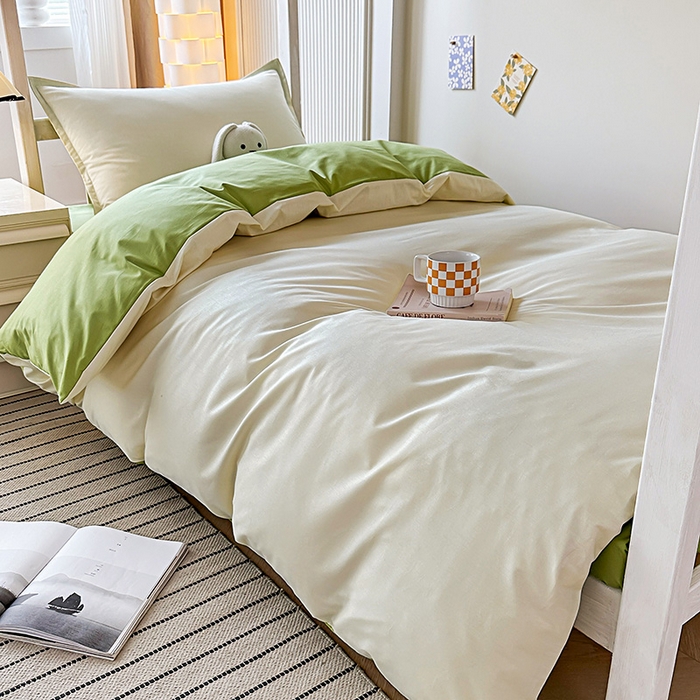 91家纺网 家纺一手货源 找家纺 棉造2024新款13372纯棉学生宿舍上下床套件全棉三件套六件套 奶油白+豆绿