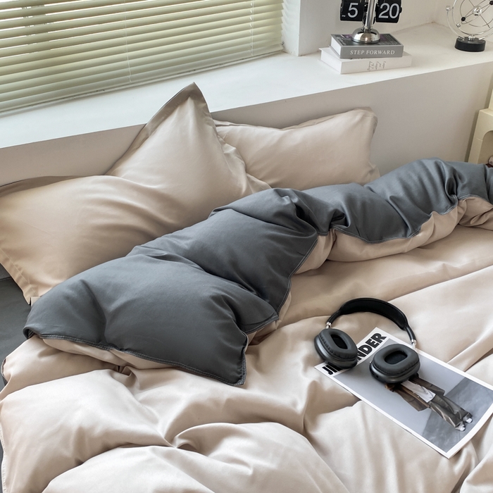 91家纺网 家纺一手货源 找家纺 米瑞娜 2024新款纯色双拼亲肤磨毛水洗棉四件套 米白灰