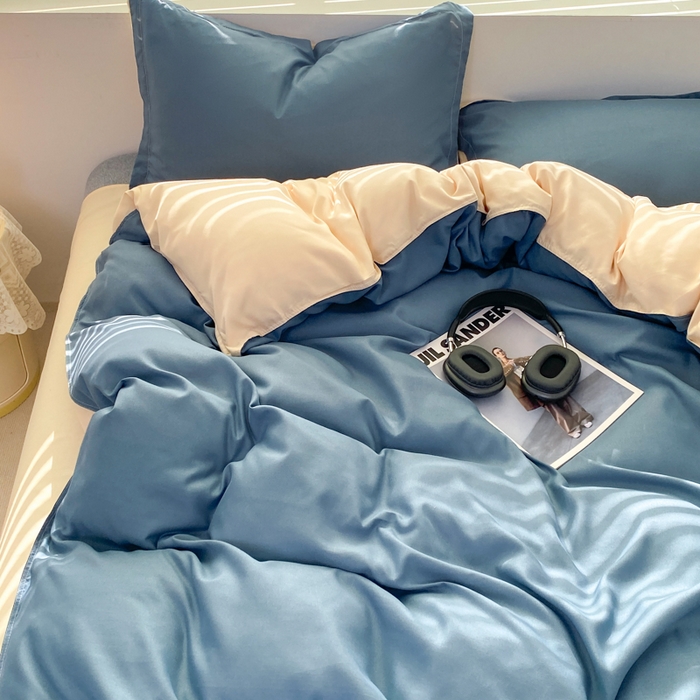 91家纺网 家纺一手货源 找家纺 米瑞娜 2024新款纯色双拼亲肤磨毛水洗棉四件套 海蓝奶茶