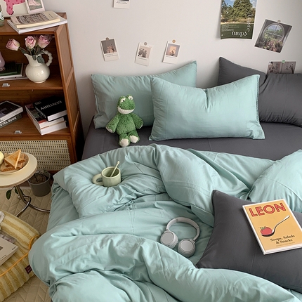 91家纺网 家纺一手货源 找家纺 （总）优迈 2024新款ins风小红书同款纯色双拼水洗棉四件套亲肤加厚磨毛四件套混搭系列-单被套单床单单枕套单床笠 棚拍图