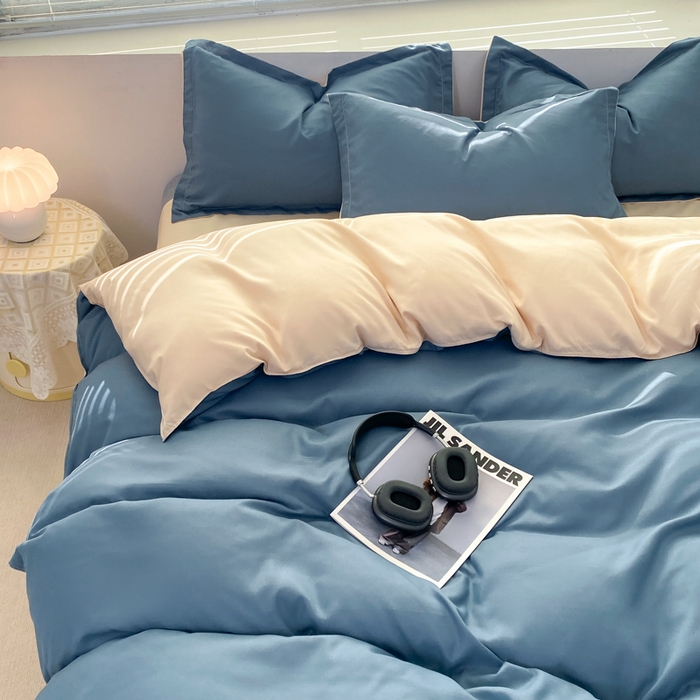 91家纺网 家纺一手货源 找家纺 米瑞娜 2024新款纯色双拼亲肤磨毛水洗棉四件套 海蓝奶茶