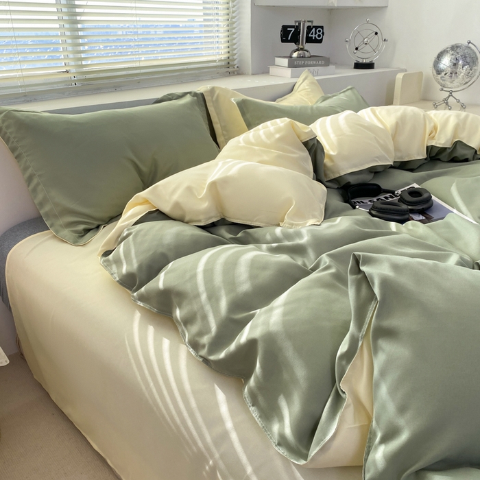 91家纺网 家纺一手货源 找家纺 米瑞娜 2024新款纯色双拼亲肤磨毛水洗棉四件套 抹茶奶油